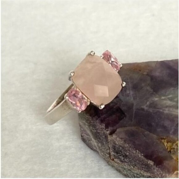 Sterling Silver 925 Thailand Faceted Prong Set Rose Quartz Pink CZ Ring Sz 5.75 - Picture 4 of 16